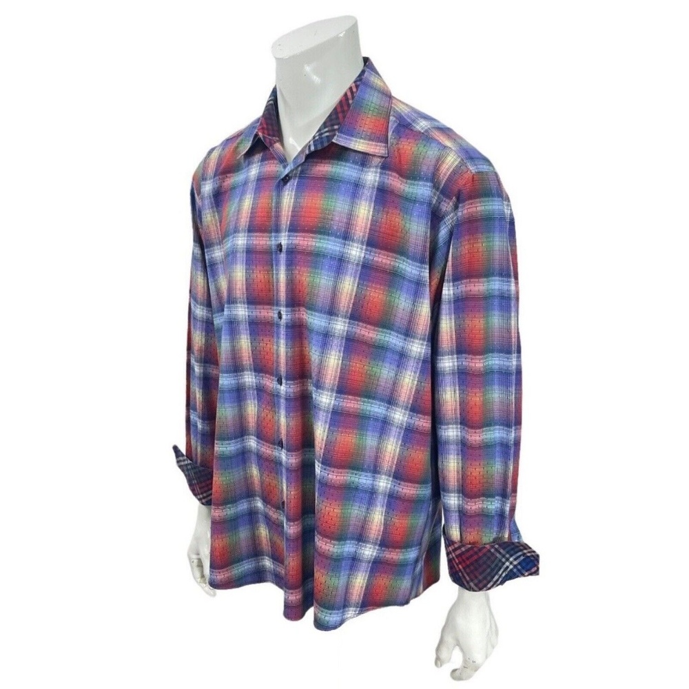 Marcello Sport Plaid Multicolored Contrast Cuffs Casual Dress Shirt Mens XL